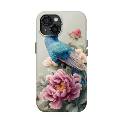 Blue Peacock With Pink Peonies Floral Art
