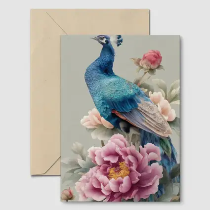 Blue Peacock With Pink Peonies Floral Art