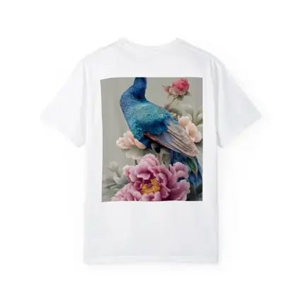 Blue Peacock With Pink Peonies Floral Art