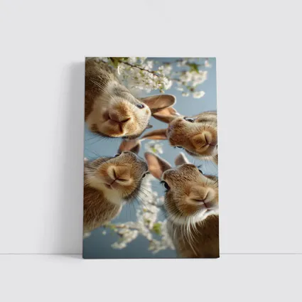 Four Rabbits Close Up Spring Blossoms