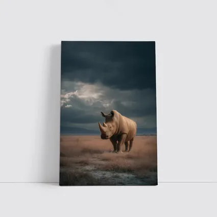 Rhino Standing In Stormy Savanna Landscape
