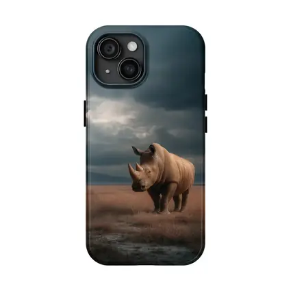 Rhino Standing In Stormy Savanna Landscape