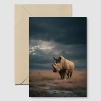 Rhino Standing In Stormy Savanna Landscape