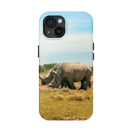 White Rhino Pair Grazing African Savanna