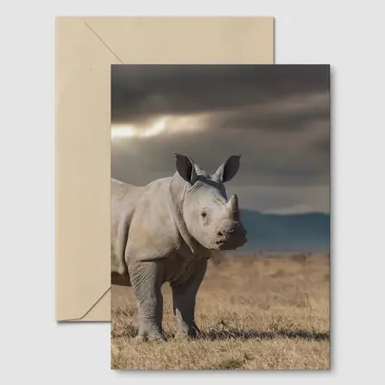 Young White Rhino Standing On African Savanna