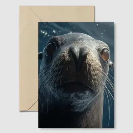 Sea Lion Close Up Underwater Blue Background