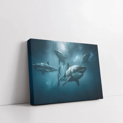 Great White Sharks Swimming Deep Blue Ocean