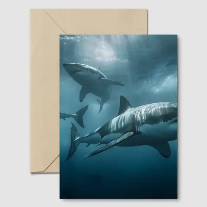 Great White Sharks Swimming Deep Blue Ocean