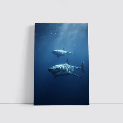 Two Great White Sharks Deep Blue Ocean