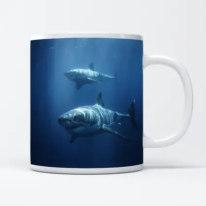 Two Great White Sharks Deep Blue Ocean