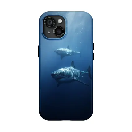 Two Great White Sharks Deep Blue Ocean