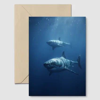 Two Great White Sharks Deep Blue Ocean