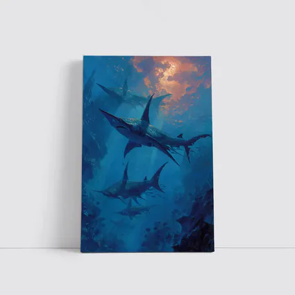 Blue Sharks Swimming Deep Ocean Reef