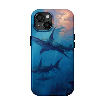 Blue Sharks Swimming Deep Ocean Reef