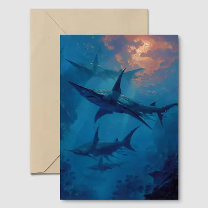 Blue Sharks Swimming Deep Ocean Reef