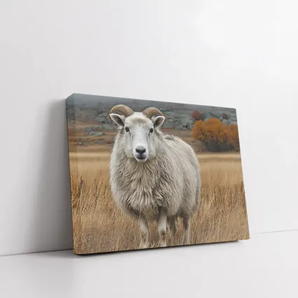 Horned Sheep Standing In Autumn Meadow