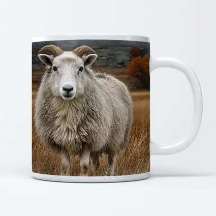 Horned Sheep Standing In Autumn Meadow