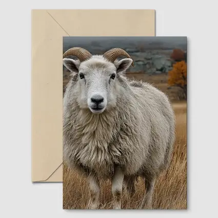 Horned Sheep Standing In Autumn Meadow