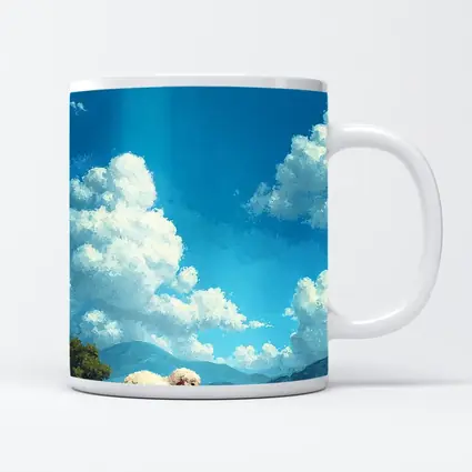 Fluffy Sheep Grazing On Green Hillside