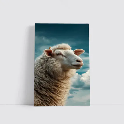 Wool Sheep Portrait Against Cloudy Blue Sky