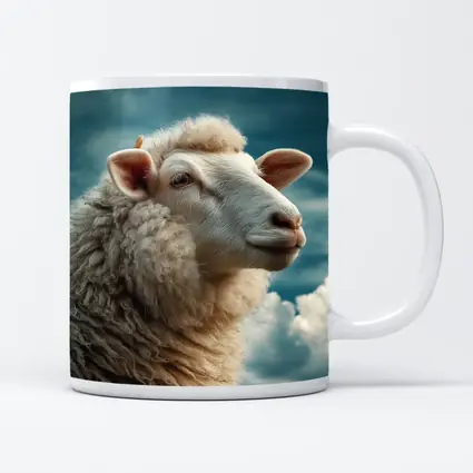 Wool Sheep Portrait Against Cloudy Blue Sky