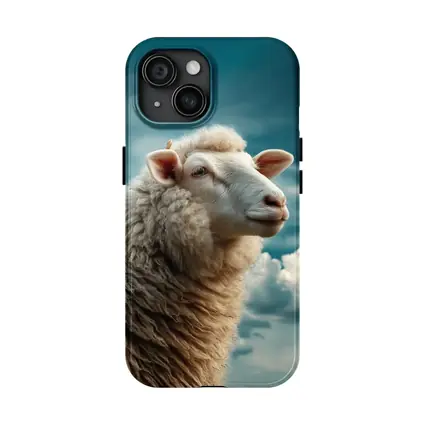 Wool Sheep Portrait Against Cloudy Blue Sky