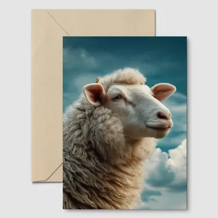 Wool Sheep Portrait Against Cloudy Blue Sky