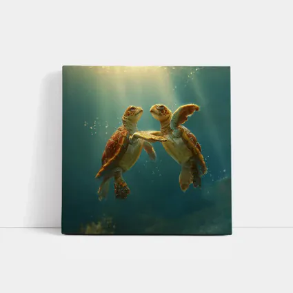 Two Sea Turtles Swimming Underwater Sunlight