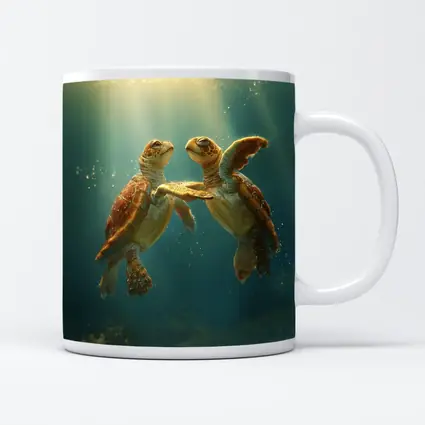 Two Sea Turtles Swimming Underwater Sunlight