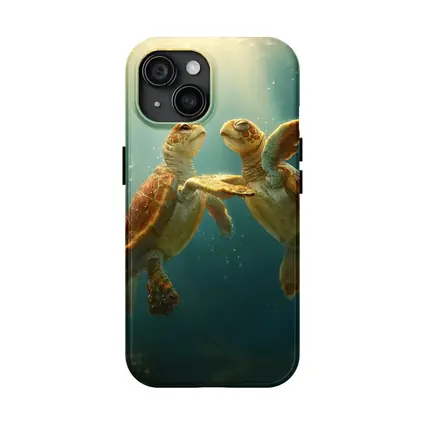 Two Sea Turtles Swimming Underwater Sunlight