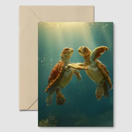 Two Sea Turtles Swimming Underwater Sunlight