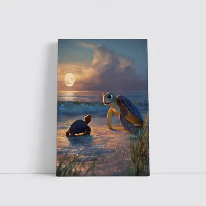 Sea Turtles on Moonlit Beach at Night