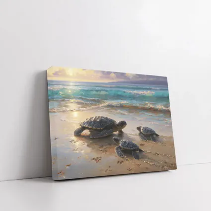 Sea Turtles Walking on Sunny Beach Shore
