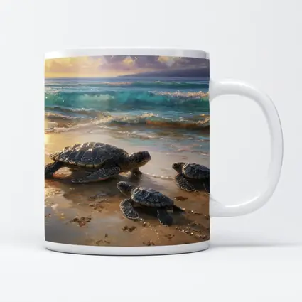 Sea Turtles Walking on Sunny Beach Shore