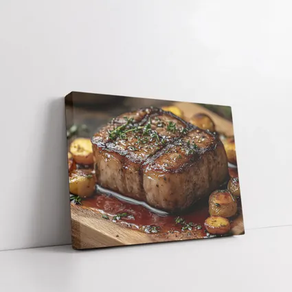 Seared Pork Chop With Roasted Potatoes Wooden Board