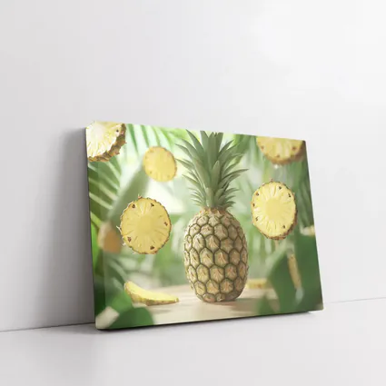 Fresh Pineapple Slices Floating Tropical Green Background