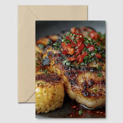 Seared Scallops Charred Corn Salsa Dark Plate