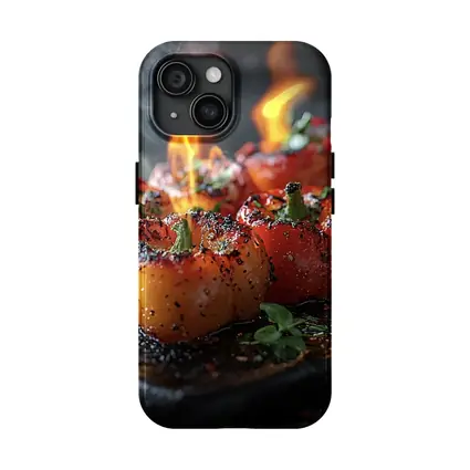 Flaming Stuffed Mini Peppers On Dark Tray