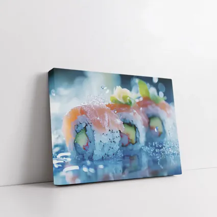 Salmon Sushi Rolls Blue Water Splash