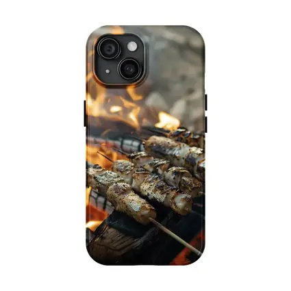 Grilled Skewers Over Open Campfire Flames