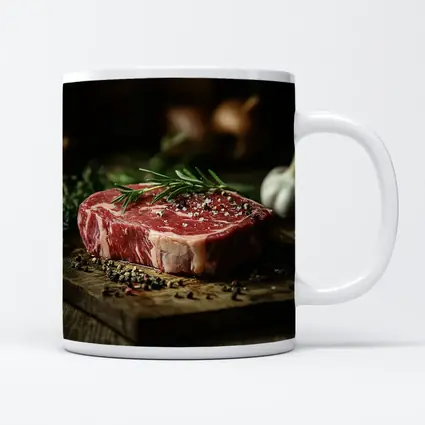 Raw Ribeye Steak Rosemary Garlic Wooden Board