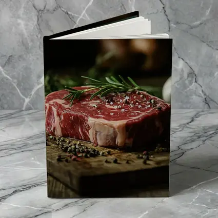 Raw Ribeye Steak Rosemary Garlic Wooden Board