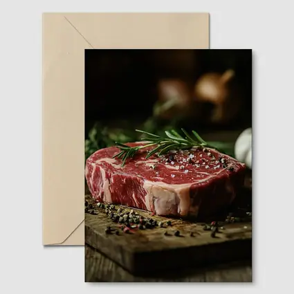 Raw Ribeye Steak Rosemary Garlic Wooden Board