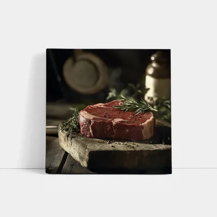 Raw Ribeye Steak Rustic Wooden Board Herbs
