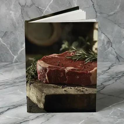 Raw Ribeye Steak Rustic Wooden Board Herbs