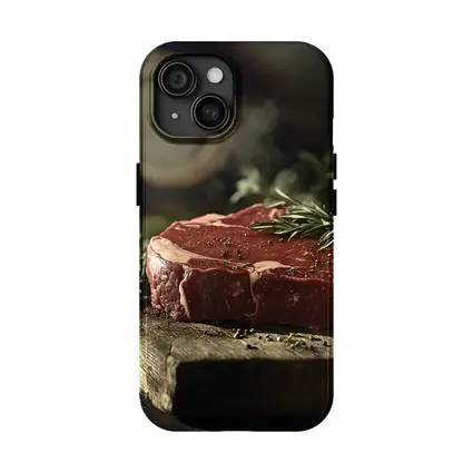 Raw Ribeye Steak Rustic Wooden Board Herbs