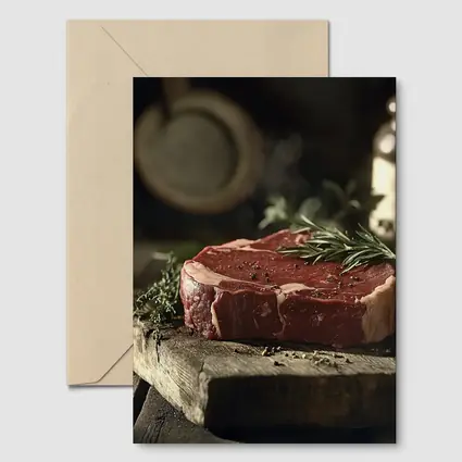 Raw Ribeye Steak Rustic Wooden Board Herbs