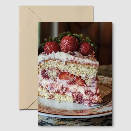 Strawberry Cream Cake Slice Floral Plate