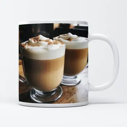 Latte Coffee Mugs on Wooden Table