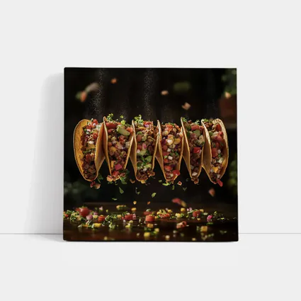 Ground Beef Tacos Flying Over Dark Table